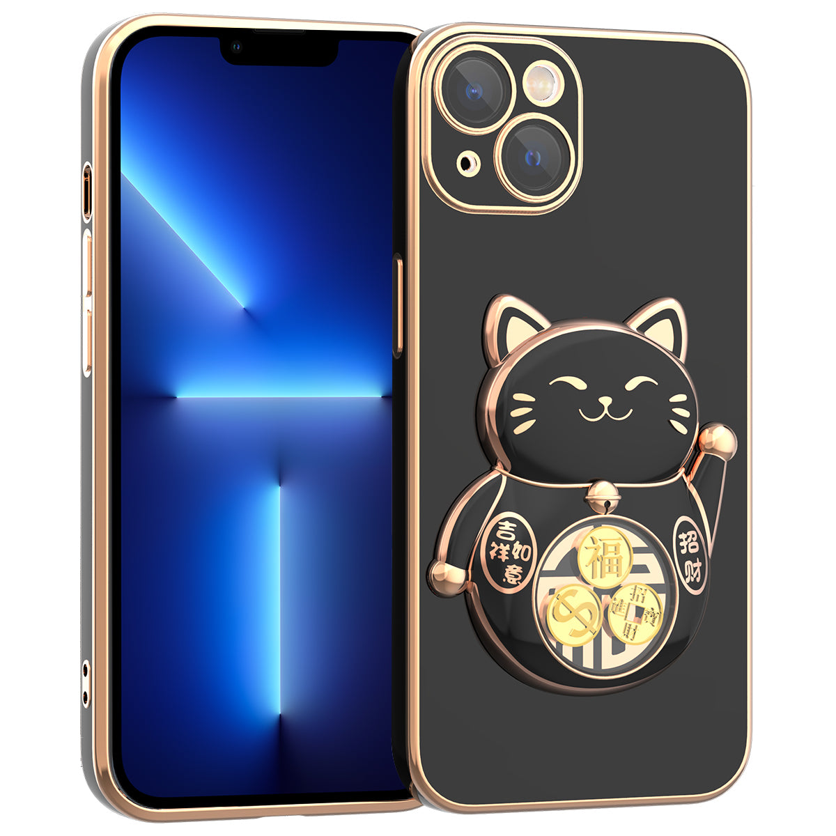 For iPhone 13 6.1 inch Electroplating Phone Case Lucky Fortune Cat Kickstand TPU PC Shockproof Cover with Camera Lens Protector For iPhone 13 6.1 inch Electroplating Phone Case Lucky Fortune Cat Kickstand TPU PC Shockproof Cover with Camera Lens Protector